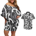Aotearoa Maori Kowhaiwhai Couples Matching Off Shoulder Short Dress and Hawaiian Shirt Kiwikiwi Puhoro and Patiki