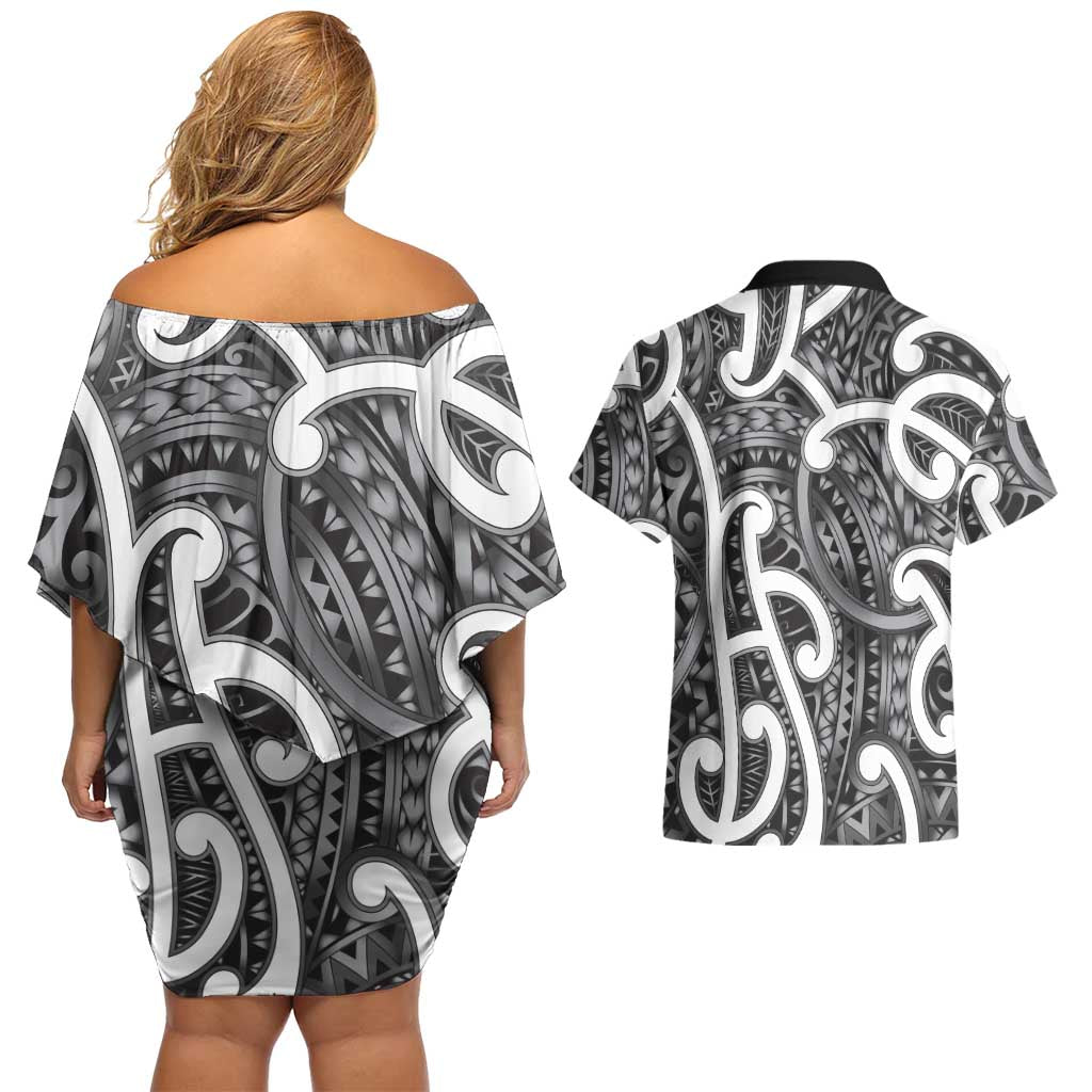 Aotearoa Maori Kowhaiwhai Couples Matching Off Shoulder Short Dress and Hawaiian Shirt Kiwikiwi Puhoro and Patiki