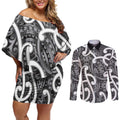 Aotearoa Maori Kowhaiwhai Couples Matching Off Shoulder Short Dress and Long Sleeve Button Shirt Kiwikiwi Puhoro and Patiki