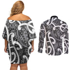 Aotearoa Maori Kowhaiwhai Couples Matching Off Shoulder Short Dress and Long Sleeve Button Shirt Kiwikiwi Puhoro and Patiki