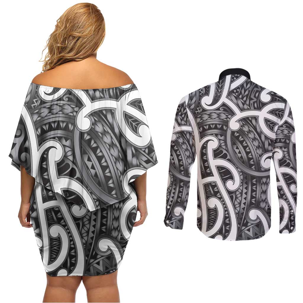 Aotearoa Maori Kowhaiwhai Couples Matching Off Shoulder Short Dress and Long Sleeve Button Shirt Kiwikiwi Puhoro and Patiki