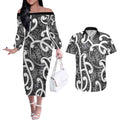 Aotearoa Maori Kowhaiwhai Couples Matching Off The Shoulder Long Sleeve Dress and Hawaiian Shirt Kiwikiwi Puhoro and Patiki