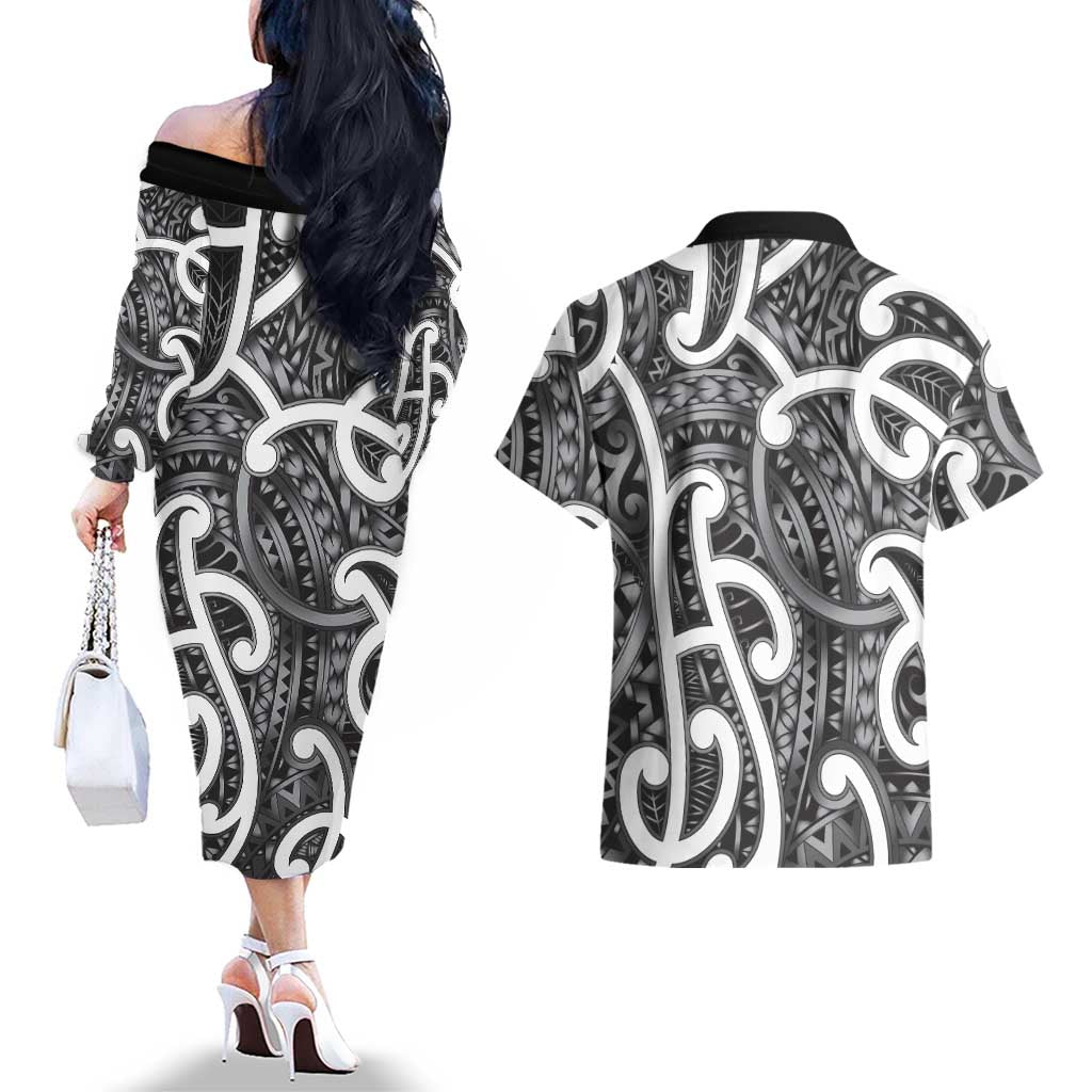 Aotearoa Maori Kowhaiwhai Couples Matching Off The Shoulder Long Sleeve Dress and Hawaiian Shirt Kiwikiwi Puhoro and Patiki