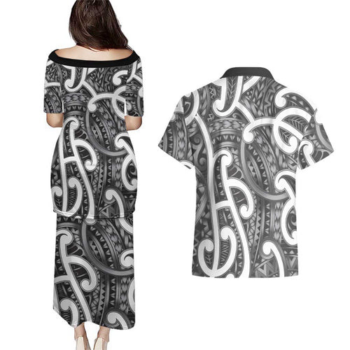 Aotearoa Maori Kowhaiwhai Couples Matching Puletasi and Hawaiian Shirt Kiwikiwi Puhoro and Patiki
