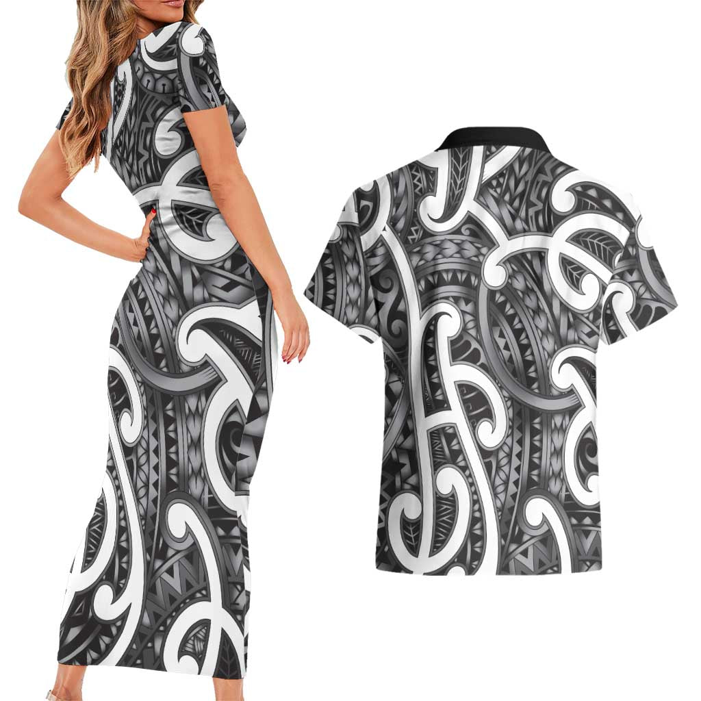 Aotearoa Maori Kowhaiwhai Couples Matching Short Sleeve Bodycon Dress and Hawaiian Shirt Kiwikiwi Puhoro and Patiki