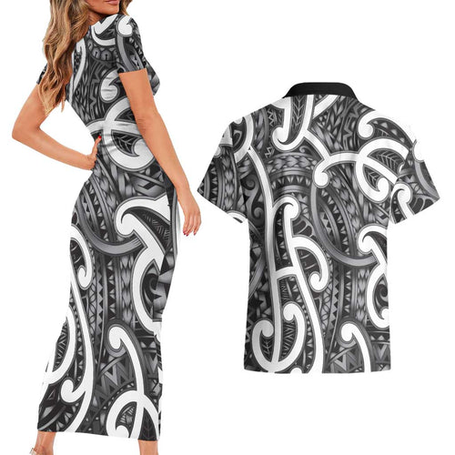 Aotearoa Maori Kowhaiwhai Couples Matching Short Sleeve Bodycon Dress and Hawaiian Shirt Kiwikiwi Puhoro and Patiki