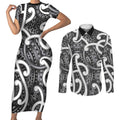Aotearoa Maori Kowhaiwhai Couples Matching Short Sleeve Bodycon Dress and Long Sleeve Button Shirt Kiwikiwi Puhoro and Patiki