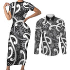 Aotearoa Maori Kowhaiwhai Couples Matching Short Sleeve Bodycon Dress and Long Sleeve Button Shirt Kiwikiwi Puhoro and Patiki