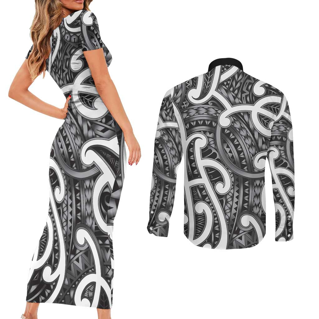 Aotearoa Maori Kowhaiwhai Couples Matching Short Sleeve Bodycon Dress and Long Sleeve Button Shirt Kiwikiwi Puhoro and Patiki