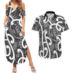 Aotearoa Maori Kowhaiwhai Couples Matching Summer Maxi Dress and Hawaiian Shirt Kiwikiwi Puhoro and Patiki