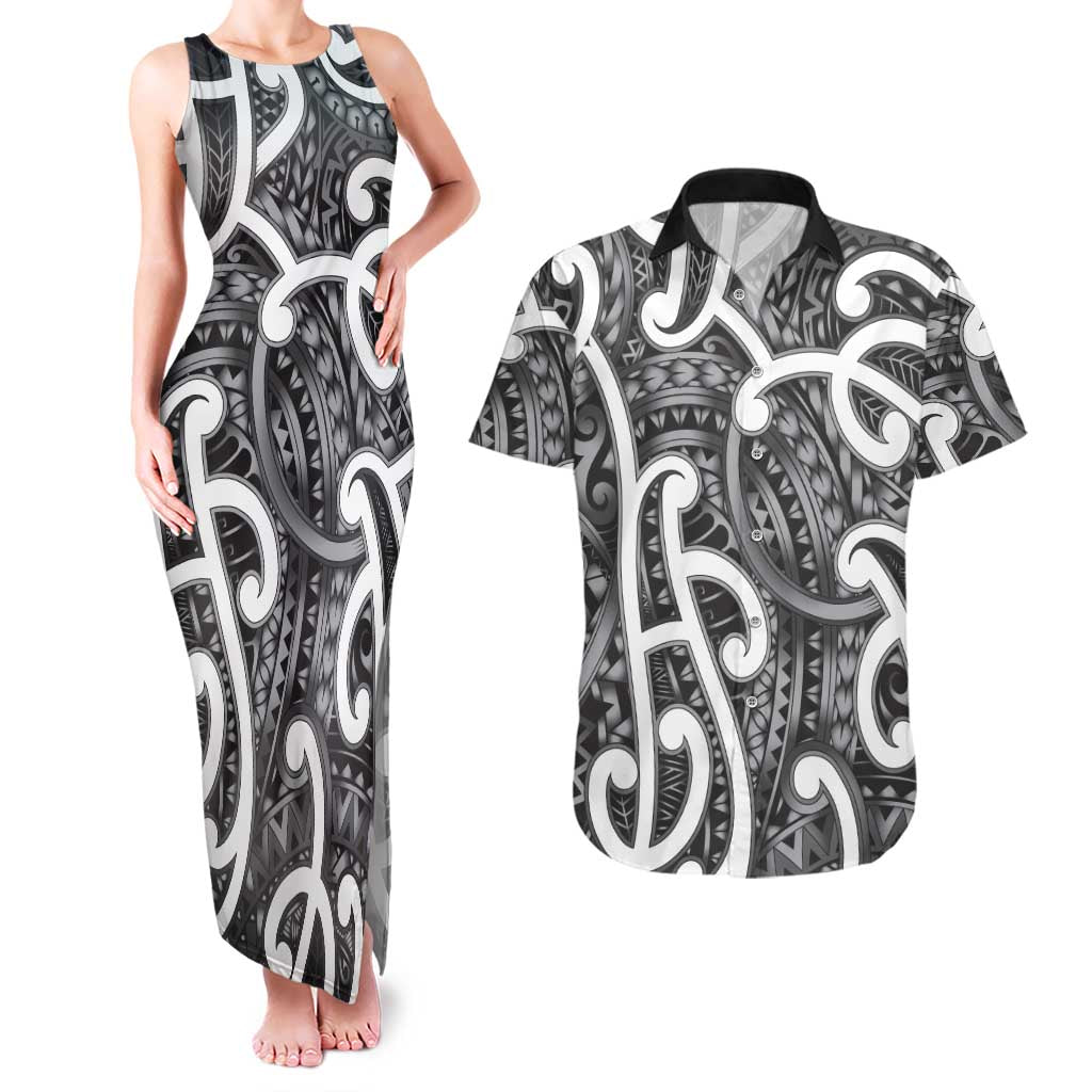 Aotearoa Maori Kowhaiwhai Couples Matching Tank Maxi Dress and Hawaiian Shirt Kiwikiwi Puhoro and Patiki