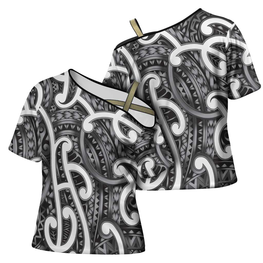 Aotearoa Maori Kowhaiwhai Cross Shoulder Shirt Kiwikiwi Puhoro and Patiki