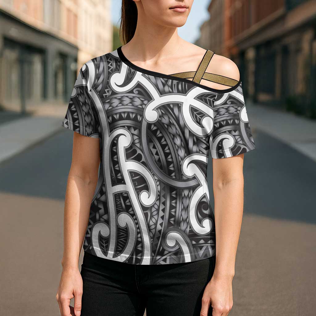 Aotearoa Maori Kowhaiwhai Cross Shoulder Shirt Kiwikiwi Puhoro and Patiki