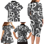 Aotearoa Maori Kowhaiwhai Family Matching Long Sleeve Bodycon Dress and Hawaiian Shirt Kiwikiwi Puhoro and Patiki