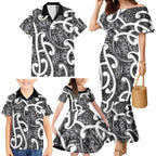 Aotearoa Maori Kowhaiwhai Family Matching Mermaid Dress and Hawaiian Shirt Kiwikiwi Puhoro and Patiki