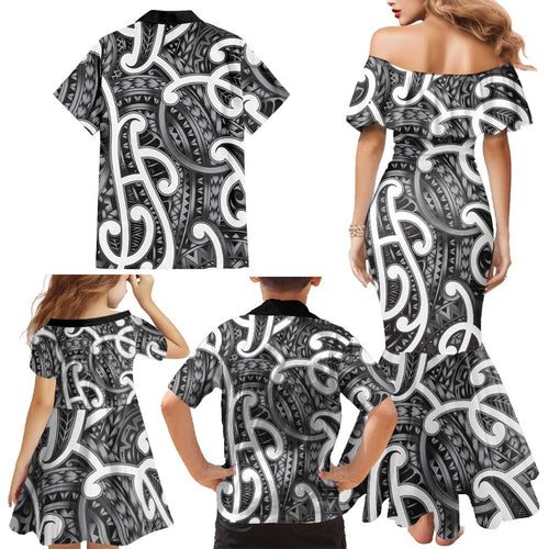 Aotearoa Maori Kowhaiwhai Family Matching Mermaid Dress and Hawaiian Shirt Kiwikiwi Puhoro and Patiki