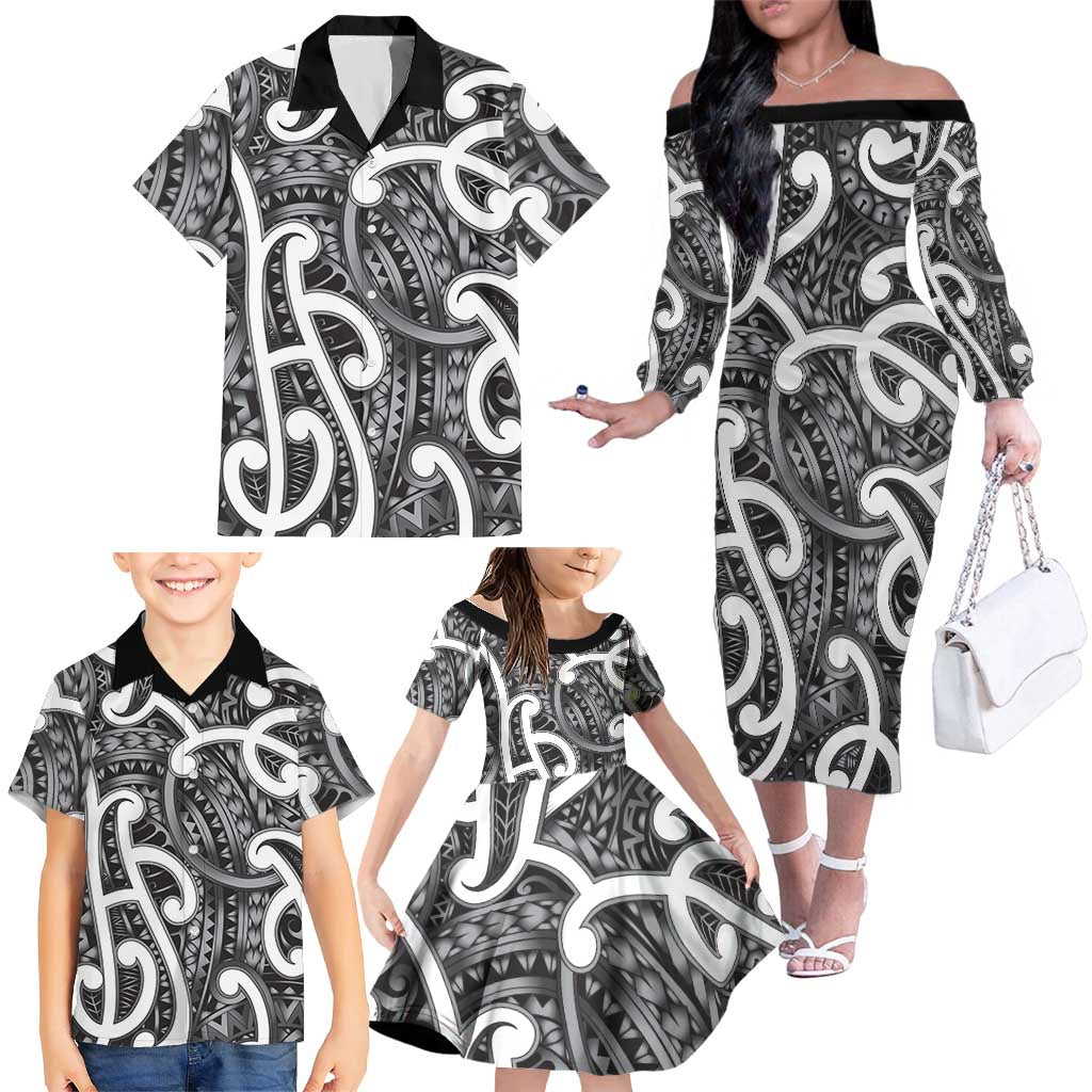Aotearoa Maori Kowhaiwhai Family Matching Off The Shoulder Long Sleeve Dress and Hawaiian Shirt Kiwikiwi Puhoro and Patiki
