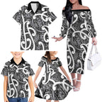 Aotearoa Maori Kowhaiwhai Family Matching Off The Shoulder Long Sleeve Dress and Hawaiian Shirt Kiwikiwi Puhoro and Patiki