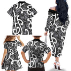 Aotearoa Maori Kowhaiwhai Family Matching Off The Shoulder Long Sleeve Dress and Hawaiian Shirt Kiwikiwi Puhoro and Patiki