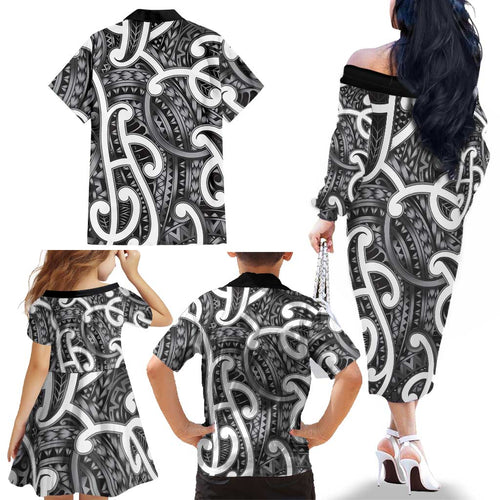 Aotearoa Maori Kowhaiwhai Family Matching Off The Shoulder Long Sleeve Dress and Hawaiian Shirt Kiwikiwi Puhoro and Patiki