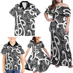 Aotearoa Maori Kowhaiwhai Family Matching Off Shoulder Maxi Dress and Hawaiian Shirt Kiwikiwi Puhoro and Patiki