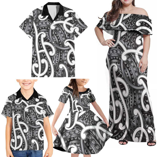 Aotearoa Maori Kowhaiwhai Family Matching Off Shoulder Maxi Dress and Hawaiian Shirt Kiwikiwi Puhoro and Patiki
