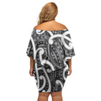 Aotearoa Maori Kowhaiwhai Family Matching Off Shoulder Short Dress and Hawaiian Shirt Kiwikiwi Puhoro and Patiki