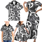 Aotearoa Maori Kowhaiwhai Family Matching Short Sleeve Bodycon Dress and Hawaiian Shirt Kiwikiwi Puhoro and Patiki