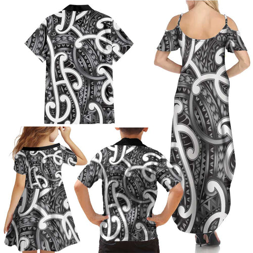 Aotearoa Maori Kowhaiwhai Family Matching Summer Maxi Dress and Hawaiian Shirt Kiwikiwi Puhoro and Patiki