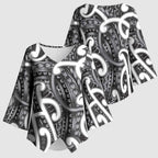 Aotearoa Maori Kowhaiwhai Kimono Sleeve Blouse Kiwikiwi Puhoro and Patiki