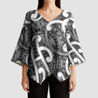 Aotearoa Maori Kowhaiwhai Kimono Sleeve Blouse Kiwikiwi Puhoro and Patiki