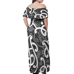 Aotearoa Maori Kowhaiwhai Off Shoulder Maxi Dress Kiwikiwi Puhoro and Patiki