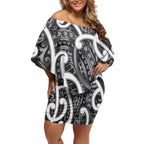 Aotearoa Maori Kowhaiwhai Off Shoulder Short Dress Kiwikiwi Puhoro and Patiki