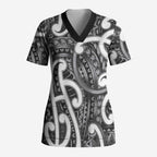 Aotearoa Maori Kowhaiwhai Scrub Top Kiwikiwi Puhoro and Patiki
