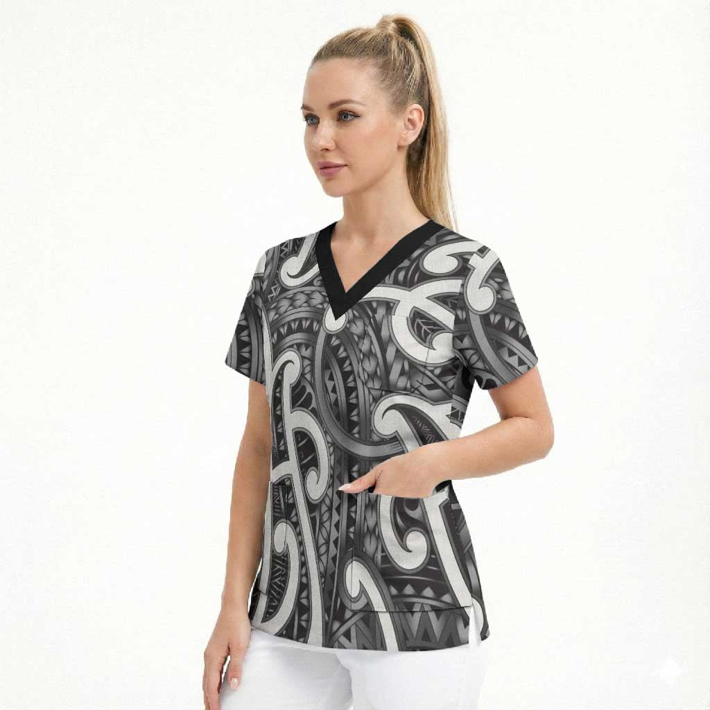 Aotearoa Maori Kowhaiwhai Scrub Top Kiwikiwi Puhoro and Patiki
