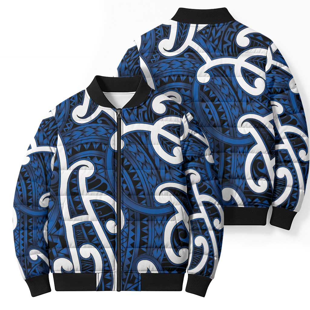 Aotearoa Maori Kowhaiwhai Bomber Puffer Jacket Kikorangi Puhoro and Patiki