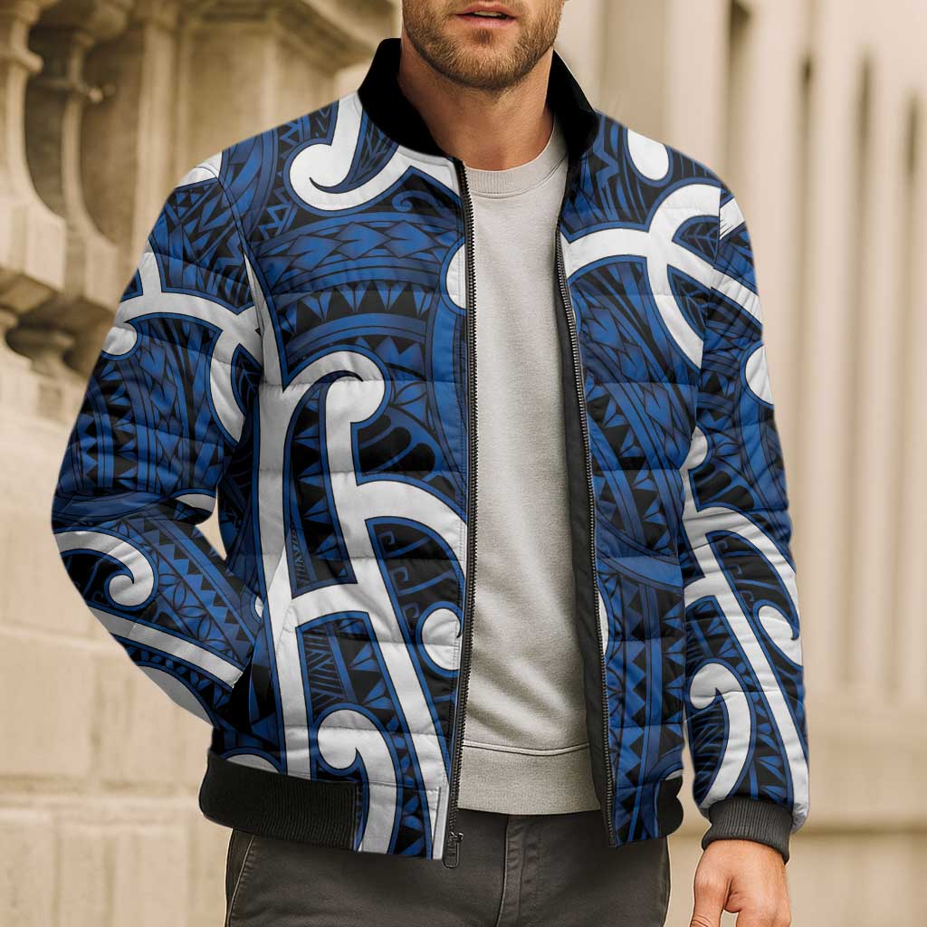 Aotearoa Maori Kowhaiwhai Bomber Puffer Jacket Kikorangi Puhoro and Patiki