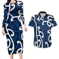 Aotearoa Maori Kowhaiwhai Couples Matching Long Sleeve Bodycon Dress and Hawaiian Shirt Kikorangi Puhoro and Patiki