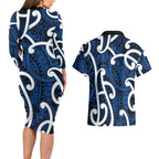 Aotearoa Maori Kowhaiwhai Couples Matching Long Sleeve Bodycon Dress and Hawaiian Shirt Kikorangi Puhoro and Patiki
