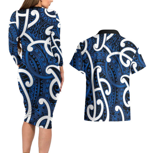 Aotearoa Maori Kowhaiwhai Couples Matching Long Sleeve Bodycon Dress and Hawaiian Shirt Kikorangi Puhoro and Patiki