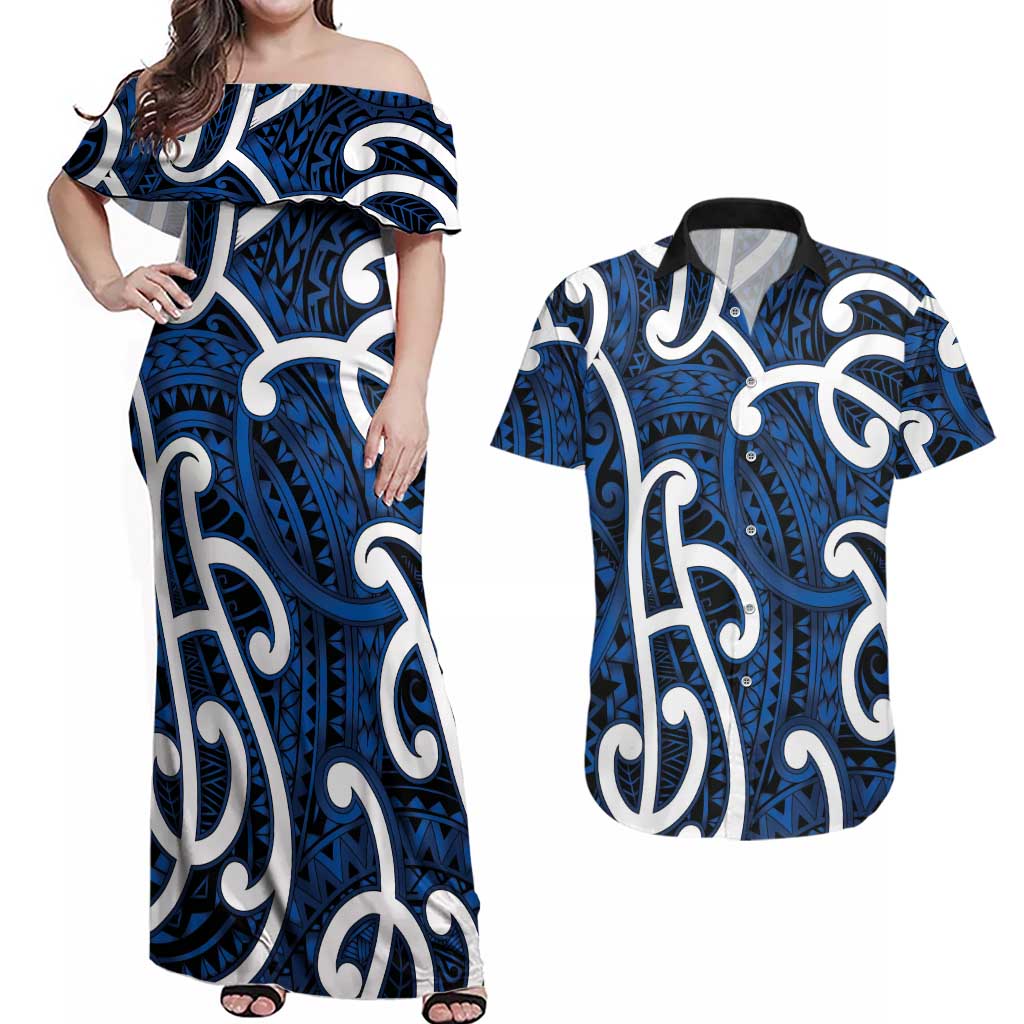 Aotearoa Maori Kowhaiwhai Couples Matching Off Shoulder Maxi Dress and Hawaiian Shirt Kikorangi Puhoro and Patiki