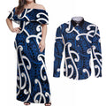 Aotearoa Maori Kowhaiwhai Couples Matching Off Shoulder Maxi Dress and Long Sleeve Button Shirt Kikorangi Puhoro and Patiki