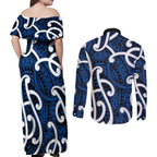 Aotearoa Maori Kowhaiwhai Couples Matching Off Shoulder Maxi Dress and Long Sleeve Button Shirt Kikorangi Puhoro and Patiki