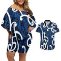 Aotearoa Maori Kowhaiwhai Couples Matching Off Shoulder Short Dress and Hawaiian Shirt Kikorangi Puhoro and Patiki