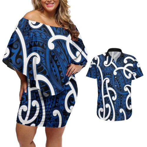 Aotearoa Maori Kowhaiwhai Couples Matching Off Shoulder Short Dress and Hawaiian Shirt Kikorangi Puhoro and Patiki