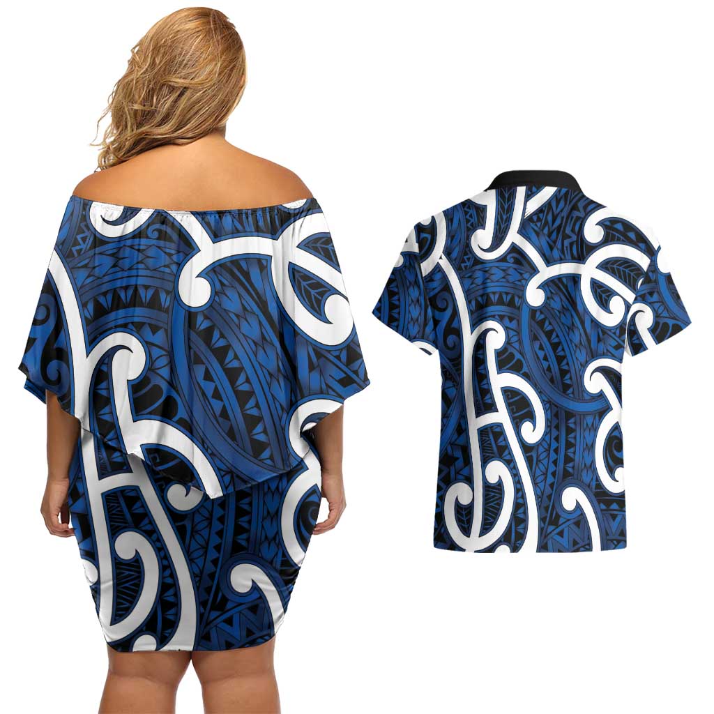 Aotearoa Maori Kowhaiwhai Couples Matching Off Shoulder Short Dress and Hawaiian Shirt Kikorangi Puhoro and Patiki