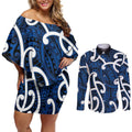 Aotearoa Maori Kowhaiwhai Couples Matching Off Shoulder Short Dress and Long Sleeve Button Shirt Kikorangi Puhoro and Patiki