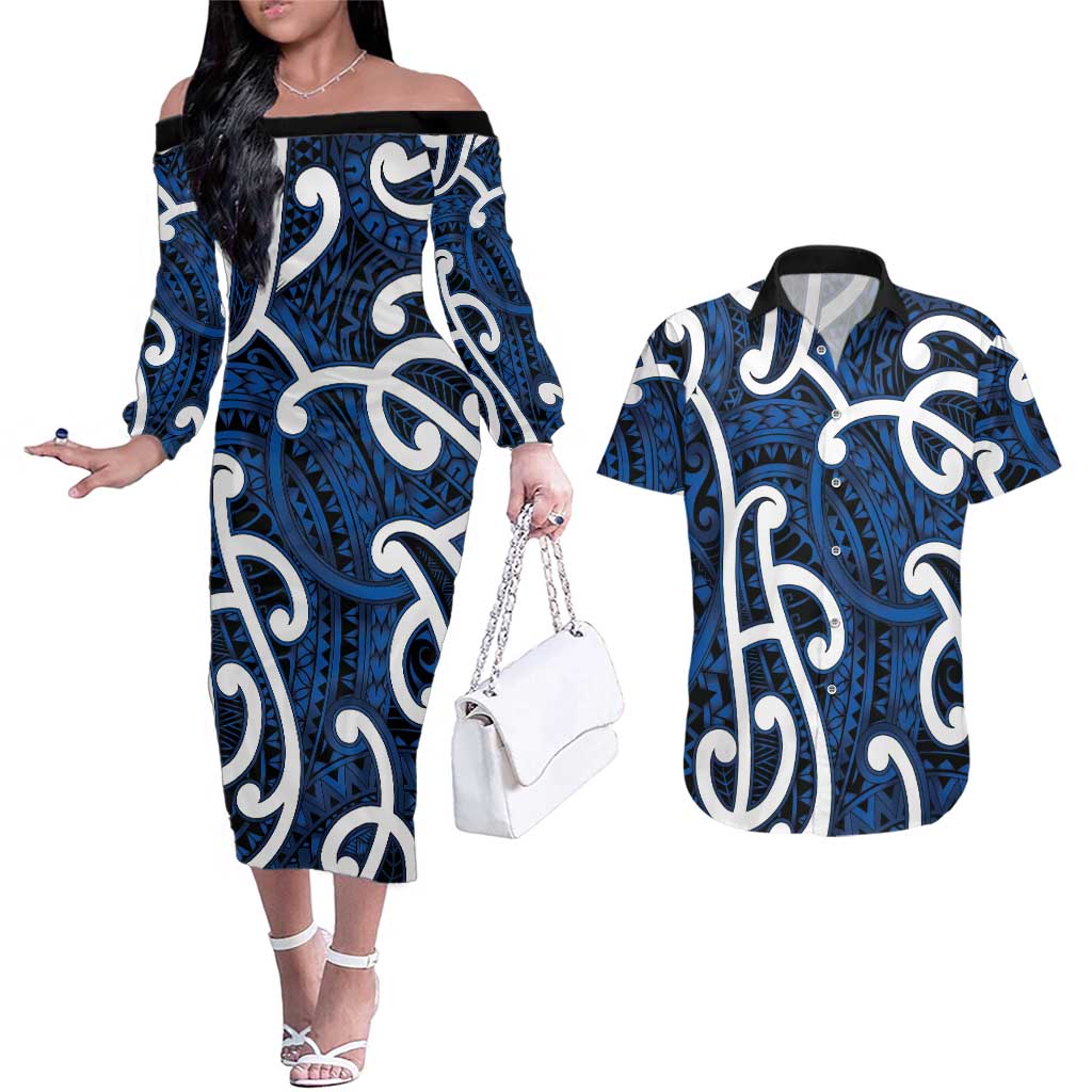Aotearoa Maori Kowhaiwhai Couples Matching Off The Shoulder Long Sleeve Dress and Hawaiian Shirt Kikorangi Puhoro and Patiki