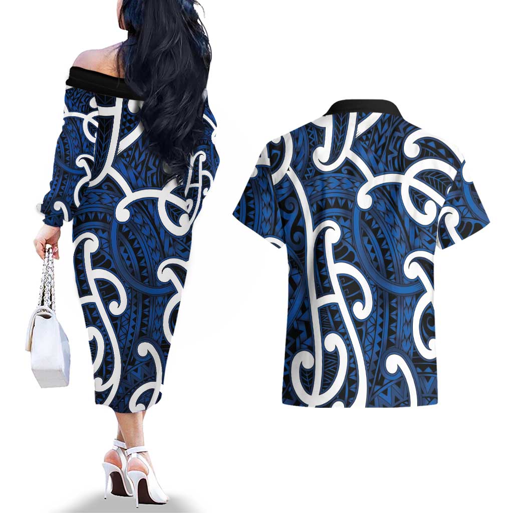 Aotearoa Maori Kowhaiwhai Couples Matching Off The Shoulder Long Sleeve Dress and Hawaiian Shirt Kikorangi Puhoro and Patiki