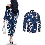 Aotearoa Maori Kowhaiwhai Couples Matching Off The Shoulder Long Sleeve Dress and Long Sleeve Button Shirt Kikorangi Puhoro and Patiki